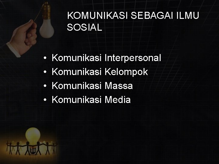 KOMUNIKASI SEBAGAI ILMU SOSIAL • • Komunikasi Interpersonal Komunikasi Kelompok Komunikasi Massa Komunikasi Media