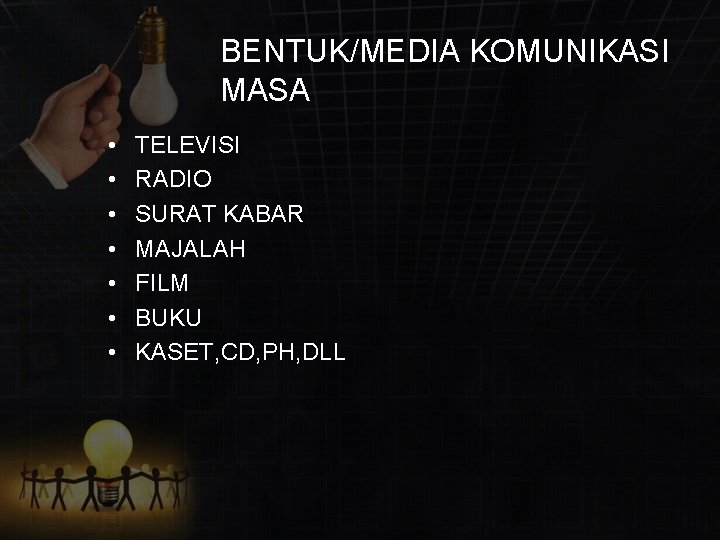 BENTUK/MEDIA KOMUNIKASI MASA • • TELEVISI RADIO SURAT KABAR MAJALAH FILM BUKU KASET, CD,