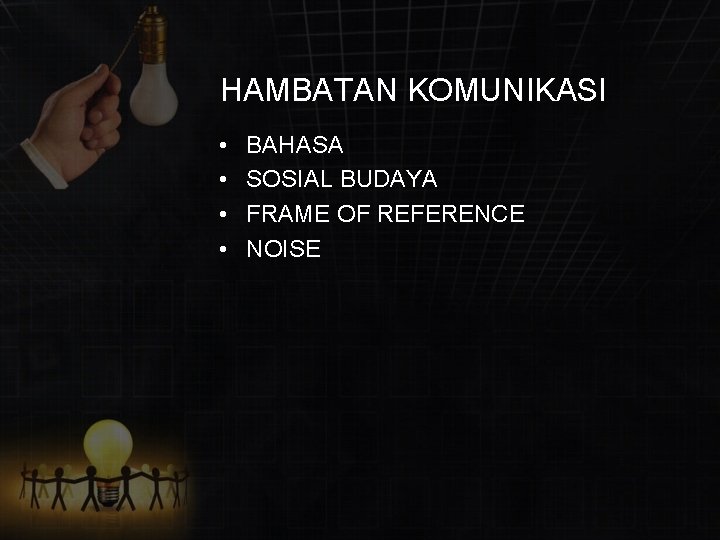 HAMBATAN KOMUNIKASI • • BAHASA SOSIAL BUDAYA FRAME OF REFERENCE NOISE 