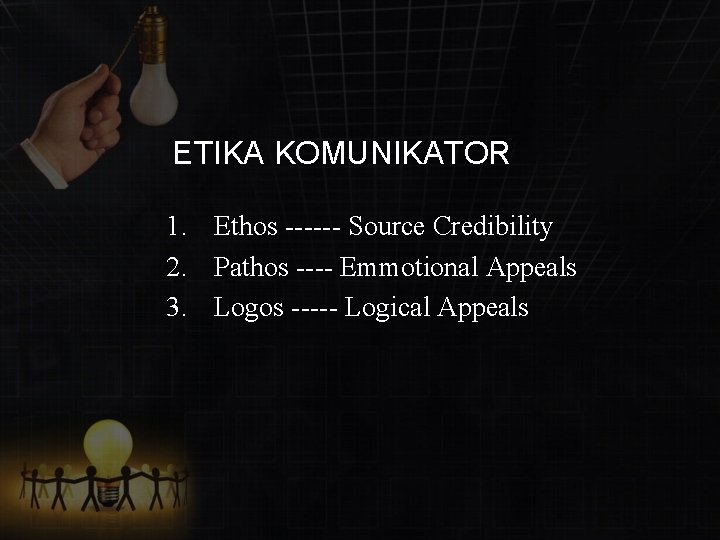 ETIKA KOMUNIKATOR 1. Ethos ------ Source Credibility 2. Pathos ---- Emmotional Appeals 3. Logos