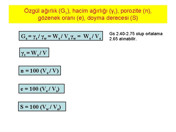 Özgül ağırlık (Gs), hacim ağırlığı (γt), porozite (n), gözenek oranı (e), doyma derecesi (S)