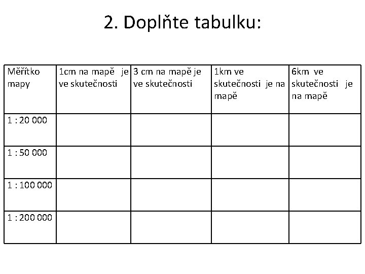 2. Doplňte tabulku: Měřítko 1 cm na mapě je 3 cm na mapě je