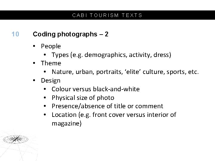 CABI TOURISM TEXTS 10 Coding photographs – 2 • People • Types (e. g.