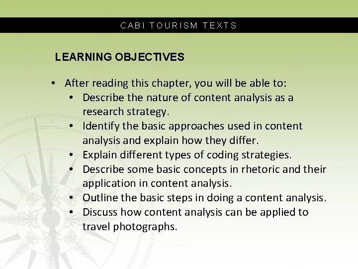 CABI TOURISM TEXTS LEARNING OBJECTIVES • After reading this chapter, you will be able