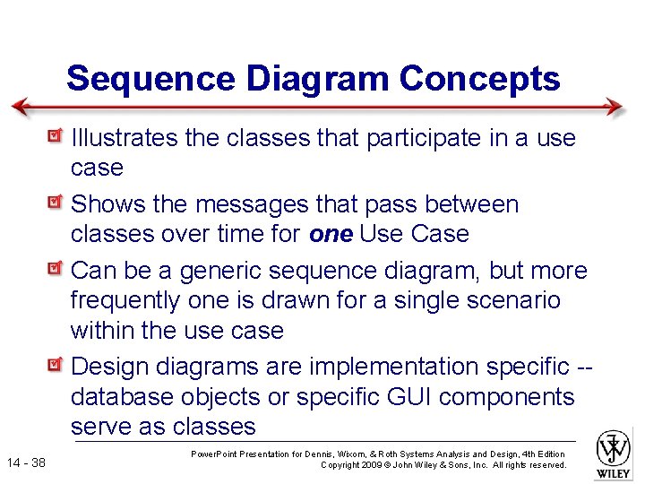 Sequence Diagram Concepts Illustrates the classes that participate in a use case Shows the