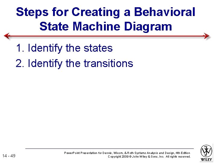 Steps for Creating a Behavioral State Machine Diagram 1. Identify the states 2. Identify