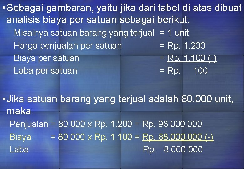  • Sebagai gambaran, yaitu jika dari tabel di atas dibuat analisis biaya per