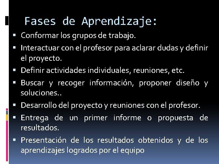 Fases de Aprendizaje: Conformar los grupos de trabajo. Interactuar con el profesor para aclarar Fases de Aprendizaje: Conformar los grupos de trabajo. Interactuar con el profesor para aclarar