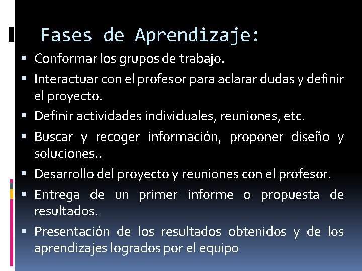 Fases de Aprendizaje: Conformar los grupos de trabajo. Interactuar con el profesor para aclarar