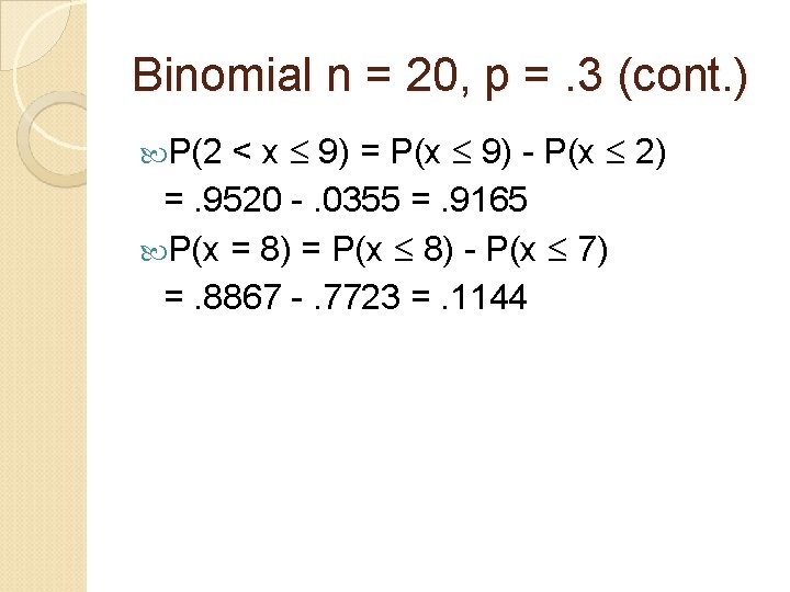 Binomial n = 20, p =. 3 (cont. ) < x 9) = P(x