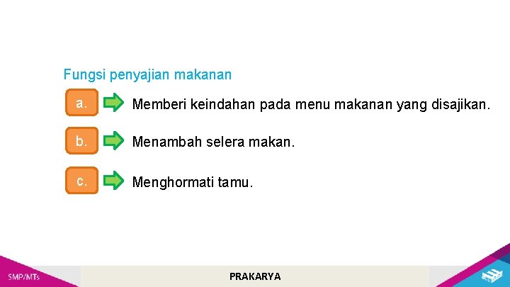 Fungsi penyajian makanan a. Memberi keindahan pada menu makanan yang disajikan. b. Menambah selera