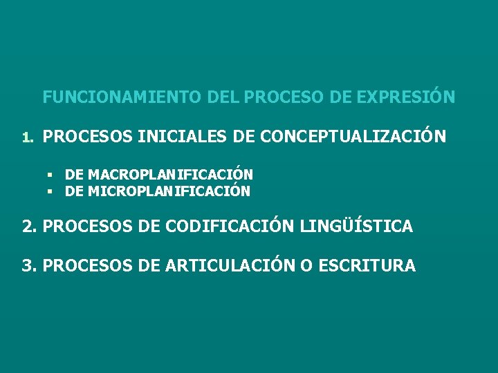 FUNCIONAMIENTO DEL PROCESO DE EXPRESIÓN 1. PROCESOS INICIALES DE CONCEPTUALIZACIÓN § § DE MACROPLANIFICACIÓN