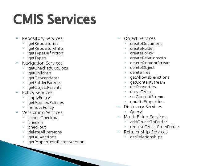 CMIS Services Repository Services ◦ get. Repositories ◦ get. Repository. Info ◦ get. Type.