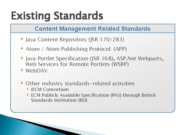 Existing Standards Content Management Related Standards ‣ Java Content Repository (JSR 170/283) ‣ Atom