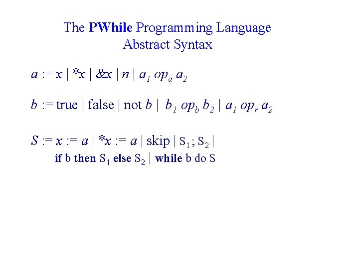 The PWhile Programming Language Abstract Syntax a : = x | *x | &x