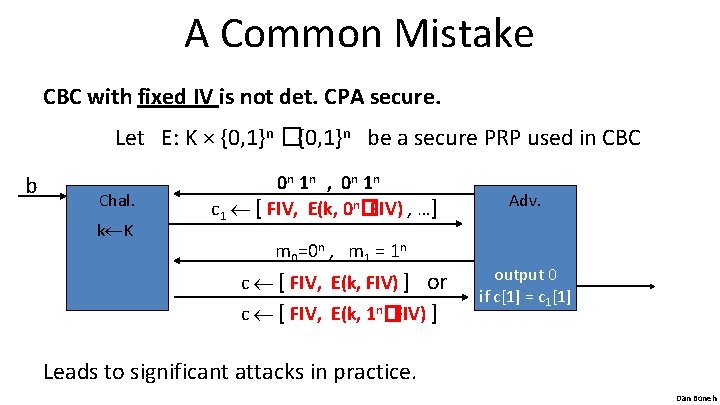 A Common Mistake CBC with fixed IV is not det. CPA secure. Let E: