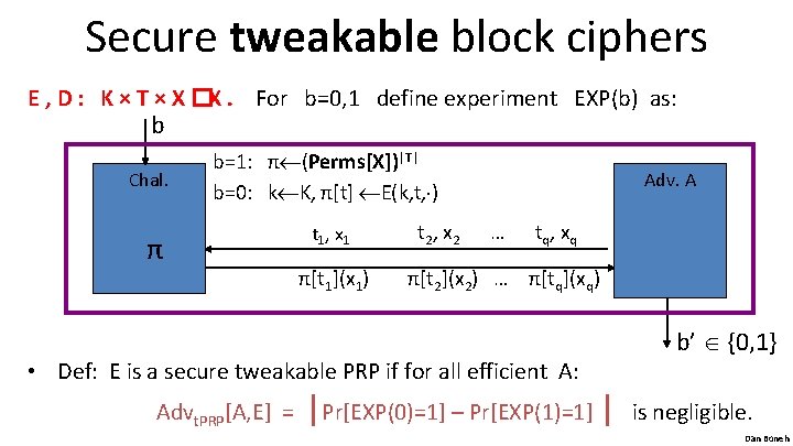 Secure tweakable block ciphers E , D : K × T × X �X.