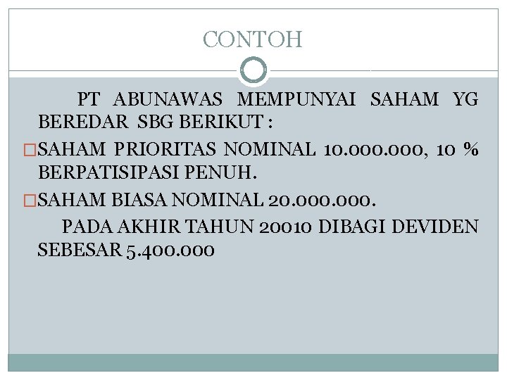 CONTOH PT ABUNAWAS MEMPUNYAI SAHAM YG BEREDAR SBG BERIKUT : �SAHAM PRIORITAS NOMINAL 10.