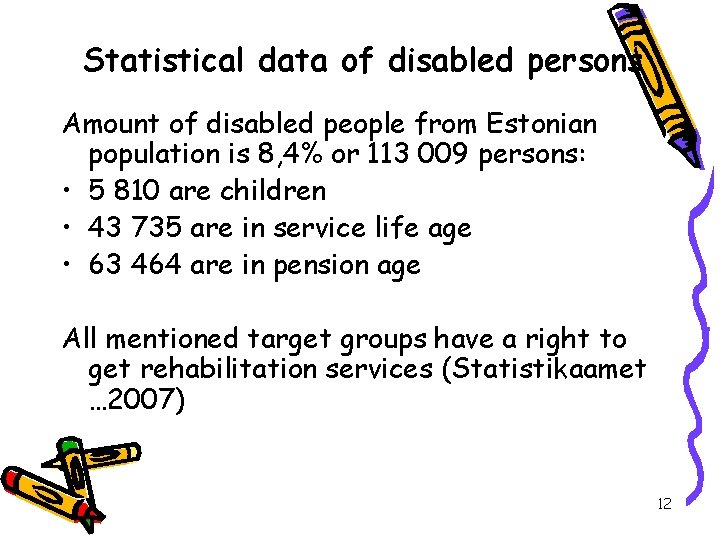 Statistical data of disabled persons Amount of disabled people from Estonian population is 8,