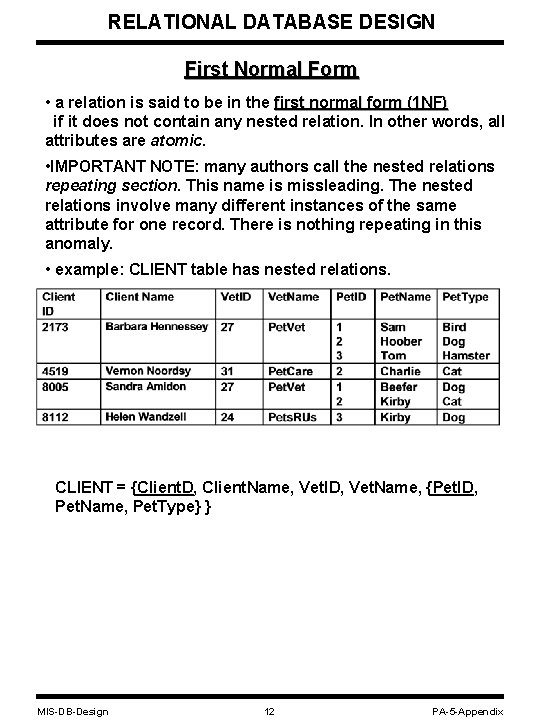 RELATIONAL DATABASE DESIGN First Normal Form • a relation is said to be in RELATIONAL DATABASE DESIGN First Normal Form • a relation is said to be in