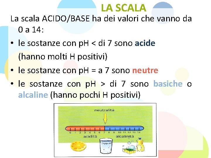 LA SCALA La scala ACIDO/BASE ha dei valori che vanno da 0 a 14: