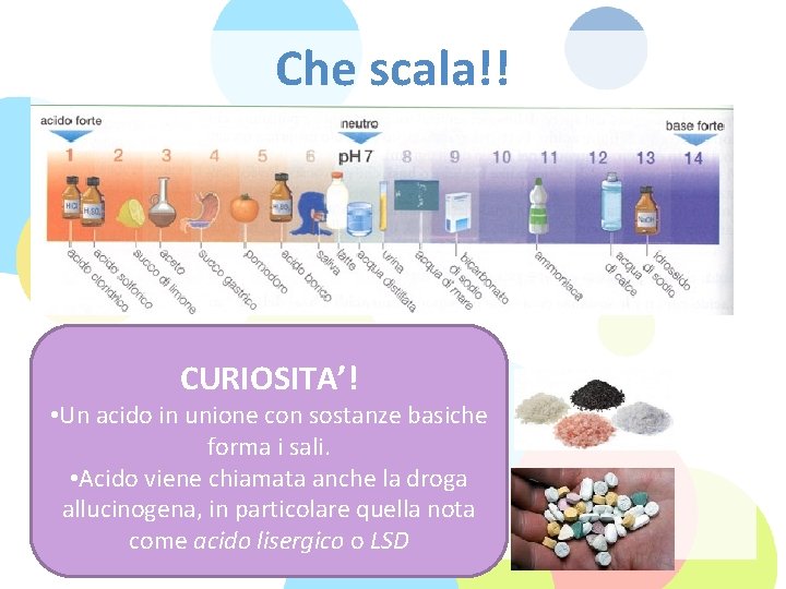 Che scala!! CURIOSITA’! • Un acido in unione con sostanze basiche forma i sali.