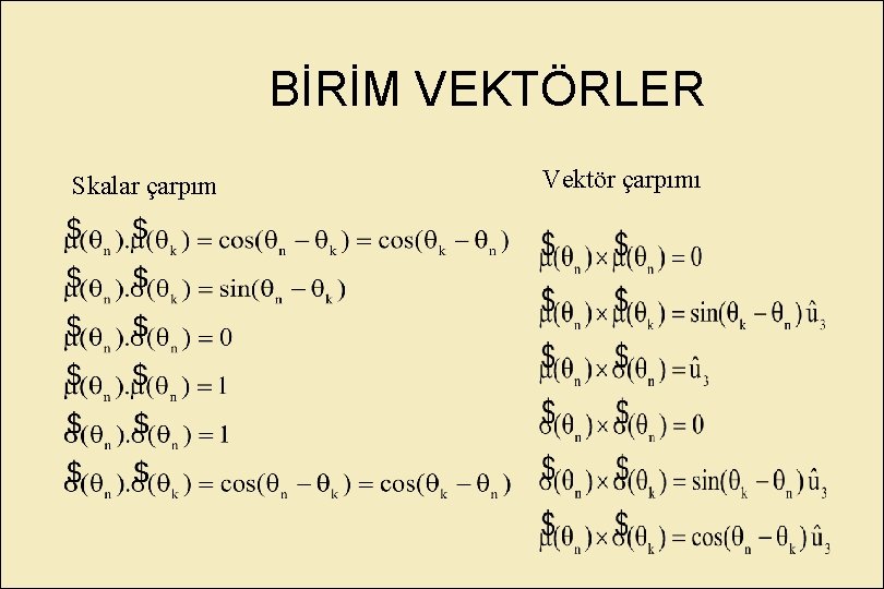 BİRİM VEKTÖRLER Skalar çarpım Vektör çarpımı 