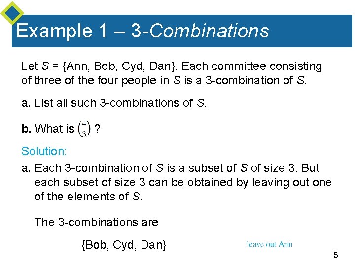 Example 1 – 3 -Combinations Let S = {Ann, Bob, Cyd, Dan}. Each committee
