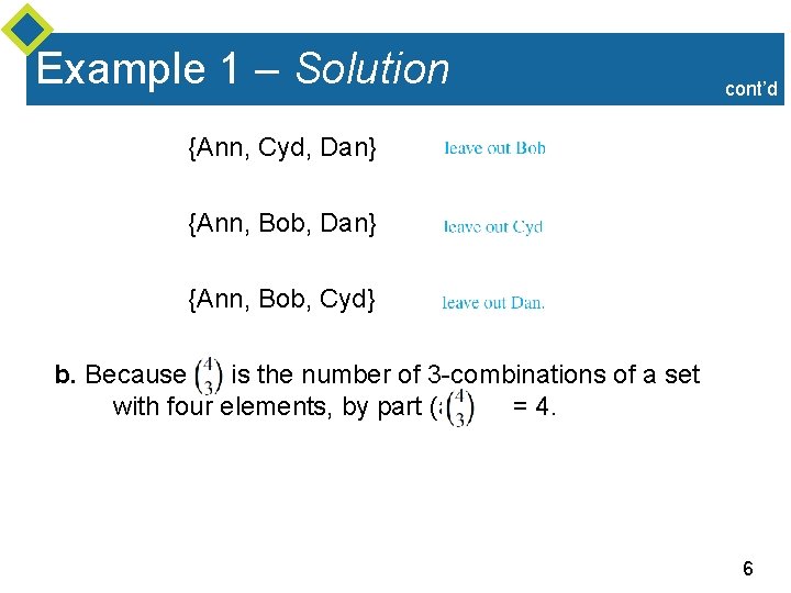 Example 1 – Solution cont’d {Ann, Cyd, Dan} {Ann, Bob, Cyd} b. Because is