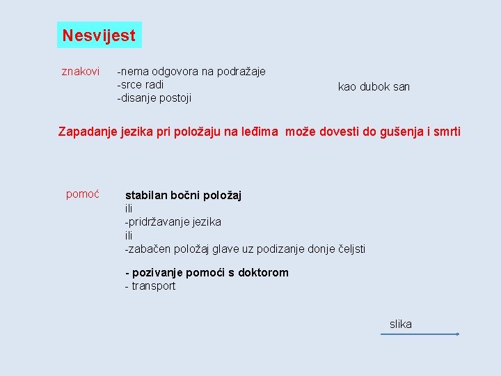 Nesvijest znakovi -nema odgovora na podražaje -srce radi -disanje postoji kao dubok san Zapadanje