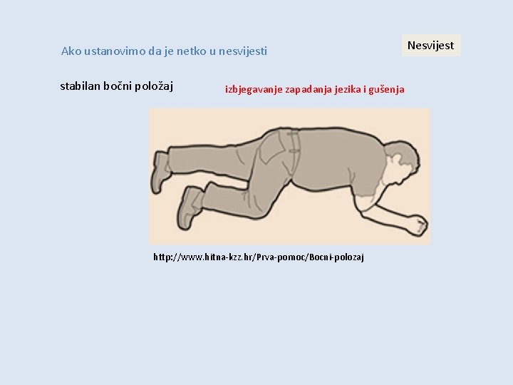 Ako ustanovimo da je netko u nesvijesti stabilan bočni položaj izbjegavanje zapadanja jezika i