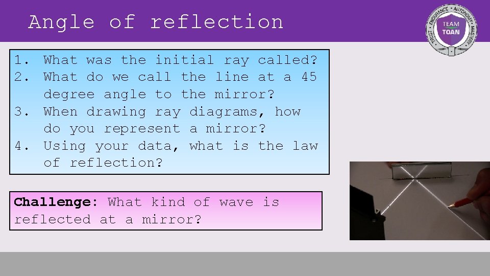 Angle of reflection 1. What was the initial ray called? 2. What do we