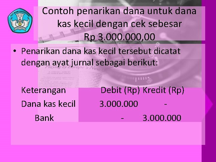 Contoh penarikan dana untuk dana kas kecil dengan cek sebesar Rp 3. 000, 00