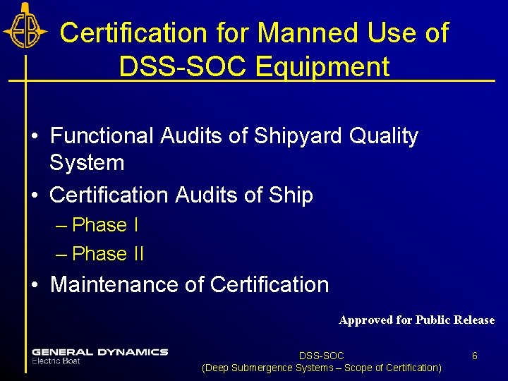 Certification for Manned Use of DSS-SOC Equipment • Functional Audits of Shipyard Quality System