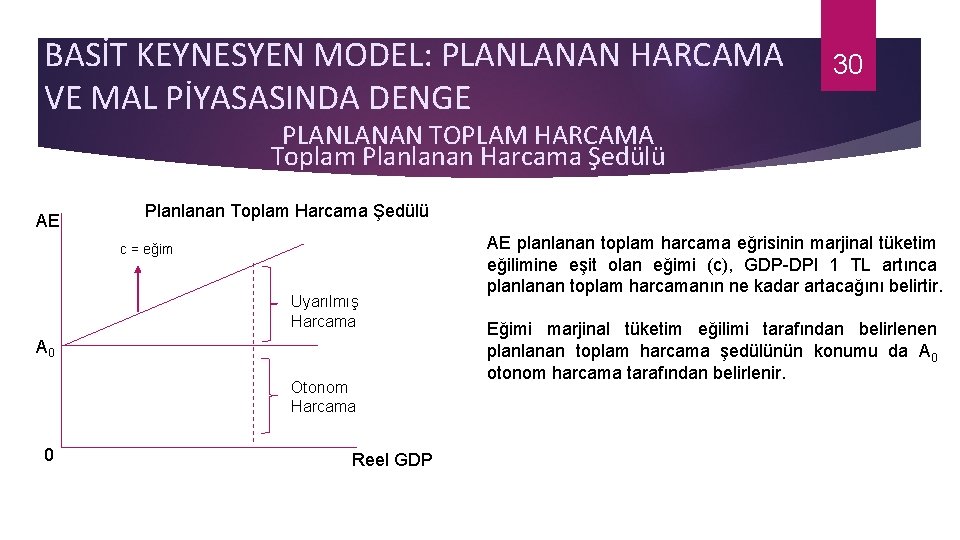 BASİT KEYNESYEN MODEL: PLANLANAN HARCAMA VE MAL PİYASASINDA DENGE 30 PLANLANAN TOPLAM HARCAMA Toplam