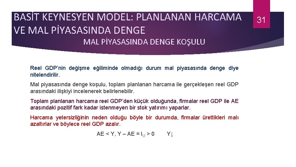 BASİT KEYNESYEN MODEL: PLANLANAN HARCAMA VE MAL PİYASASINDA DENGE KOŞULU Reel GDP’nin değişme eğiliminde