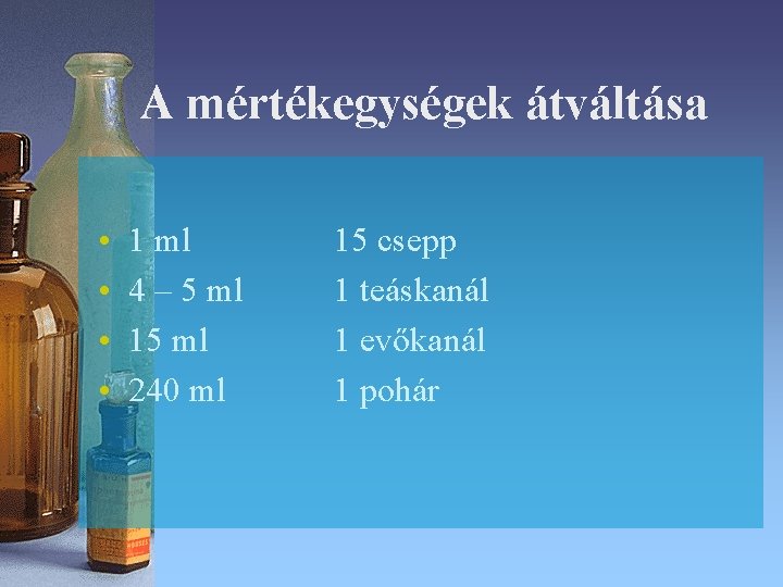 A mértékegységek átváltása • • 1 ml 4 – 5 ml 15 ml 240 A mértékegységek átváltása • • 1 ml 4 – 5 ml 15 ml 240