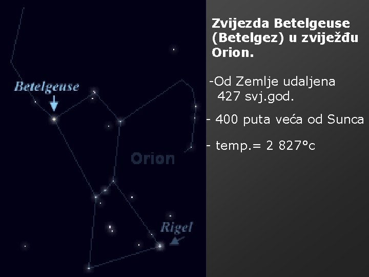 Zvijezda Betelgeuse (Betelgez) u zviježđu Orion. -Od Zemlje udaljena 427 svj. god. - 400