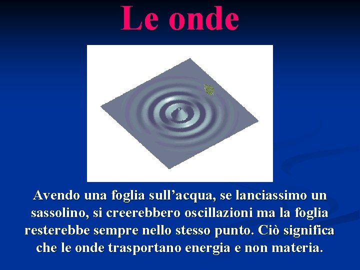 Le onde Avendo una foglia sull’acqua, se lanciassimo un sassolino, si creerebbero oscillazioni ma