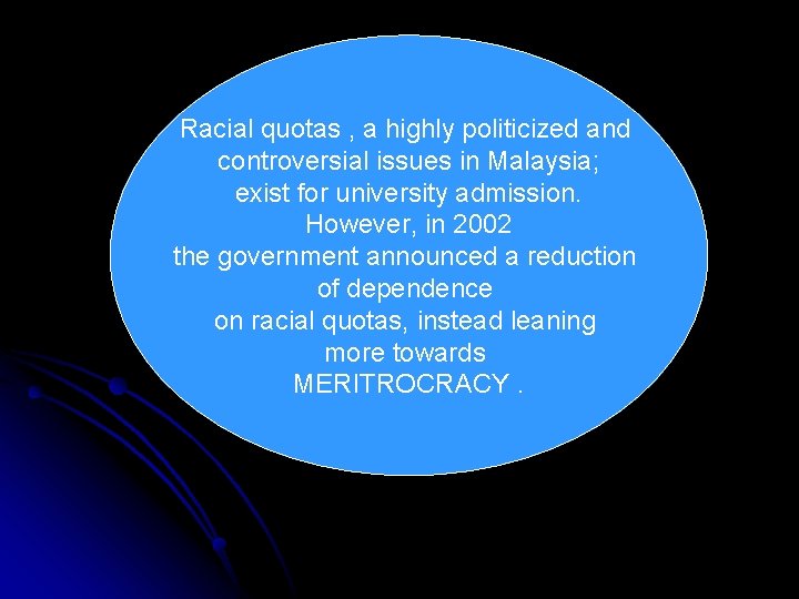 Racial quotas , a highly politicized and controversial issues in Malaysia; exist for university