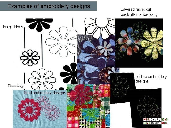 Examples of embroidery designs Layered fabric cut back after embroidery design ideas outline embroidery