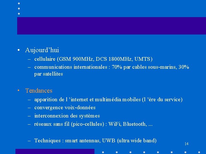  • Aujourd’hui – cellulaire (GSM 900 MHz, DCS 1800 MHz, UMTS) – communications