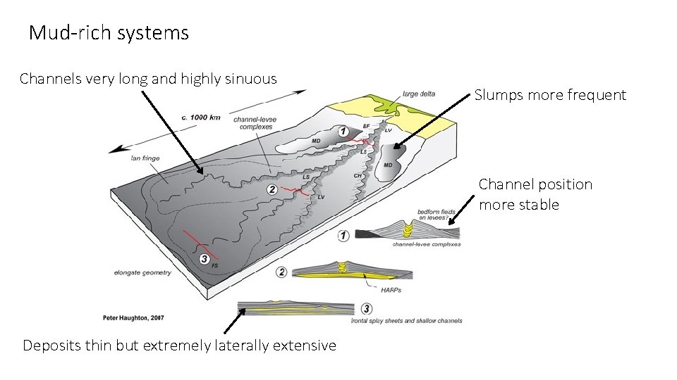 Mud-rich systems Channels very long and highly sinuous Slumps more frequent Channel position more