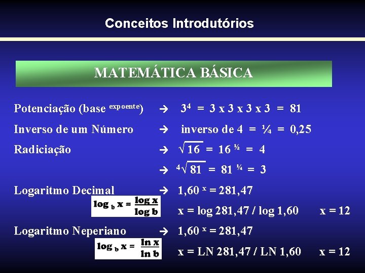 Conceitos Introdutórios MATEMÁTICA BÁSICA Potenciação (base expoente) 34 = 3 x 3 x 3