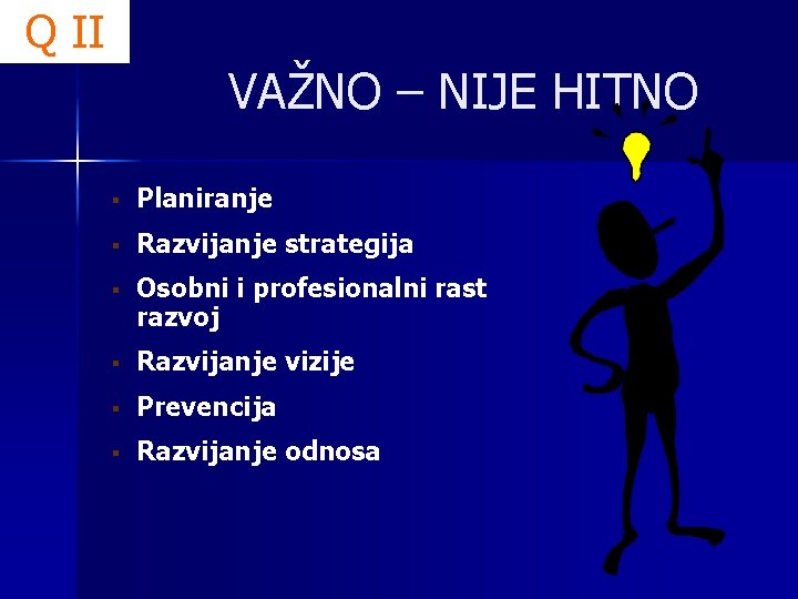 Q II VAŽNO – NIJE HITNO § Planiranje § Razvijanje strategija § Osobni i