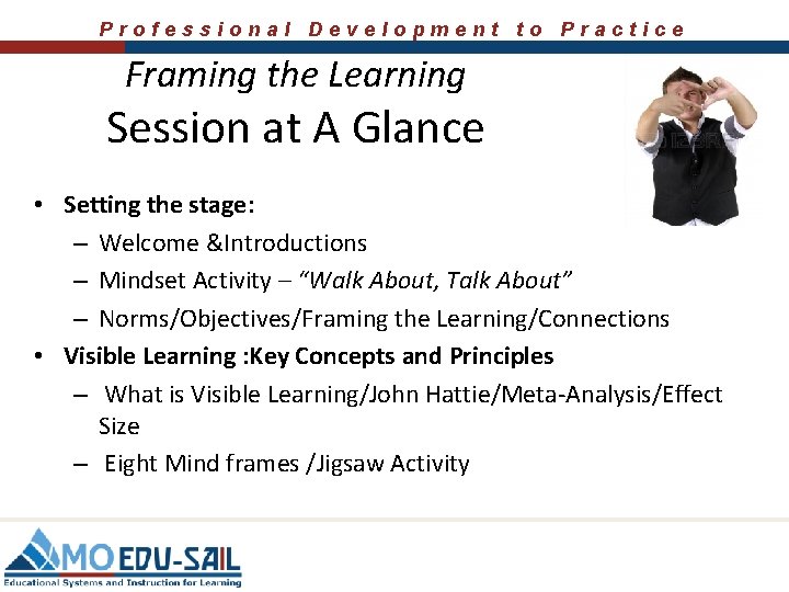 Professional Development to Practice Framing the Learning Session at A Glance • Setting the