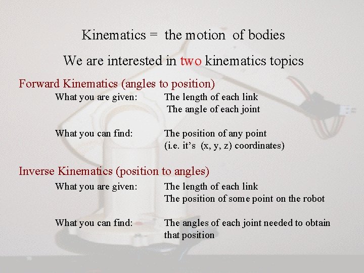Kinematics = the motion of bodies We are interested in two kinematics topics Forward Kinematics = the motion of bodies We are interested in two kinematics topics Forward