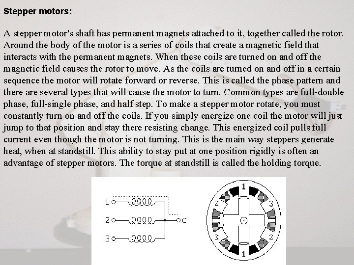 Stepper motors: A stepper motor's shaft has permanent magnets attached to it, together called Stepper motors: A stepper motor's shaft has permanent magnets attached to it, together called