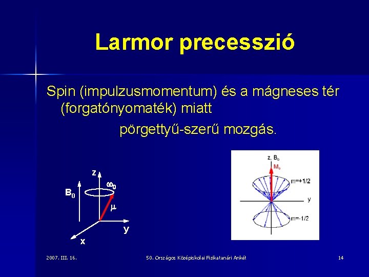 Larmor precesszió Spin (impulzusmomentum) és a mágneses tér (forgatónyomaték) miatt pörgettyű-szerű mozgás. z B