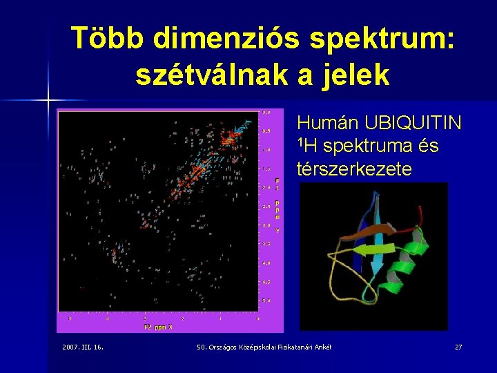 Több dimenziós spektrum: szétválnak a jelek Humán UBIQUITIN 1 H spektruma és térszerkezete 2007.